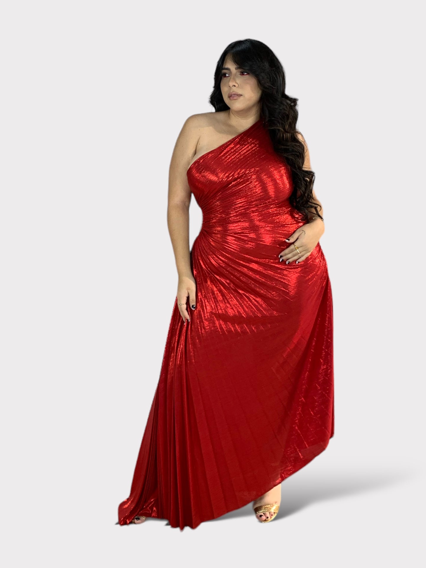 Red Metallic Cutout Pleated Dress