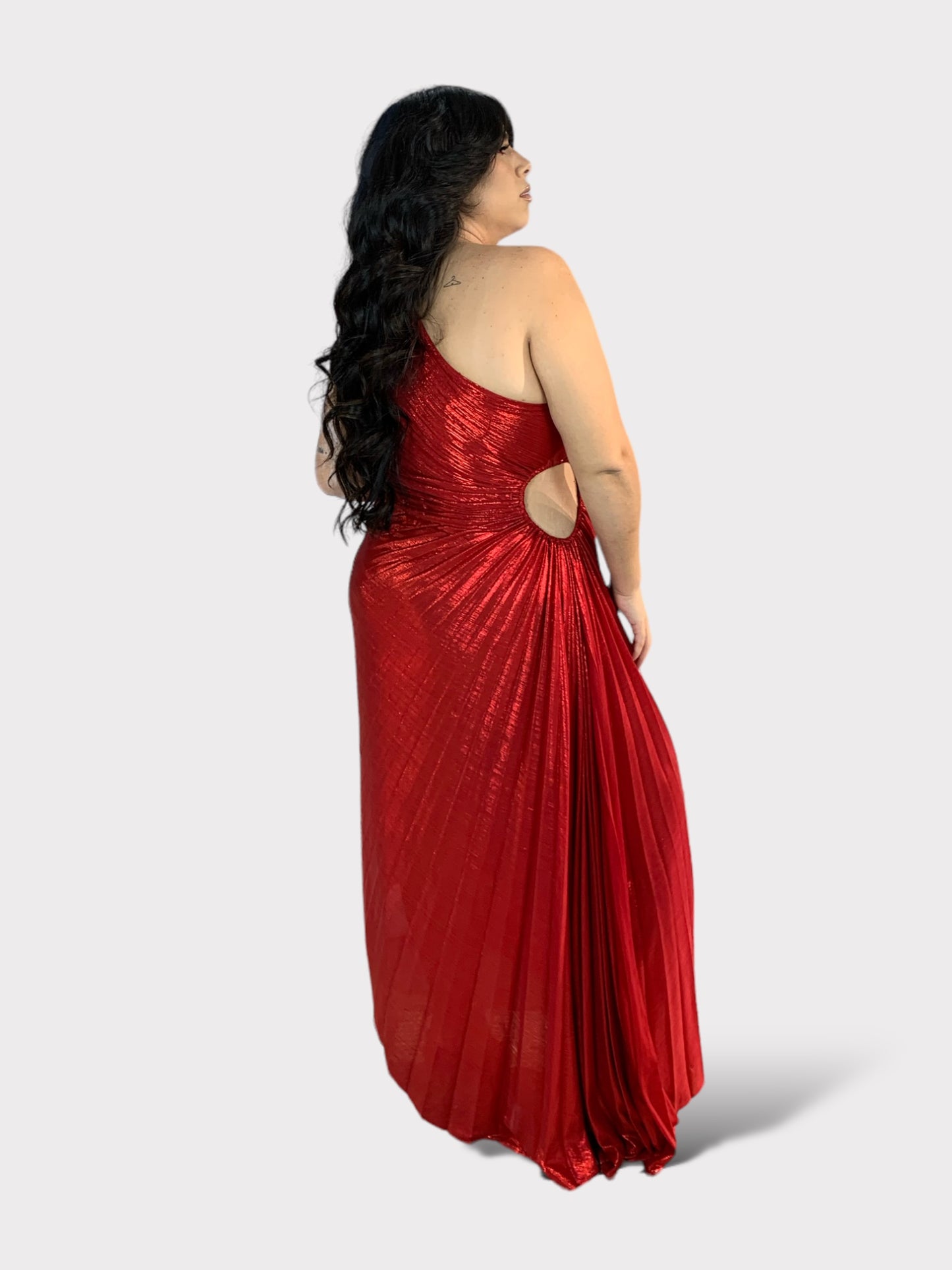 Red Metallic Cutout Pleated Dress
